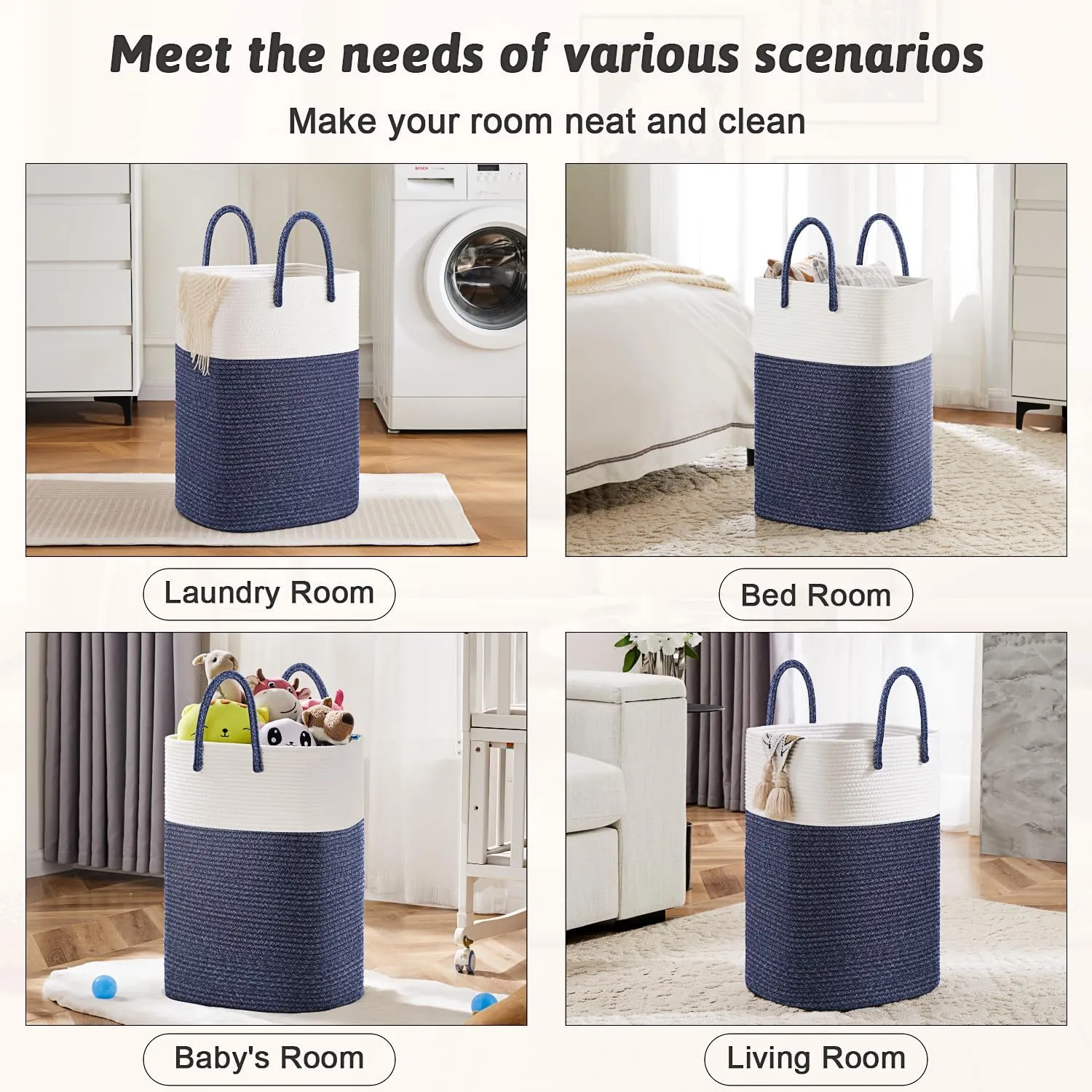 Laundry Basket,Woven Cotton Rope Laundry Hamper Sorters,60L Versatile Storage for Dirty Clothes,Baby Toys,and Blankets in Bathroom, Nursery,and Living Room