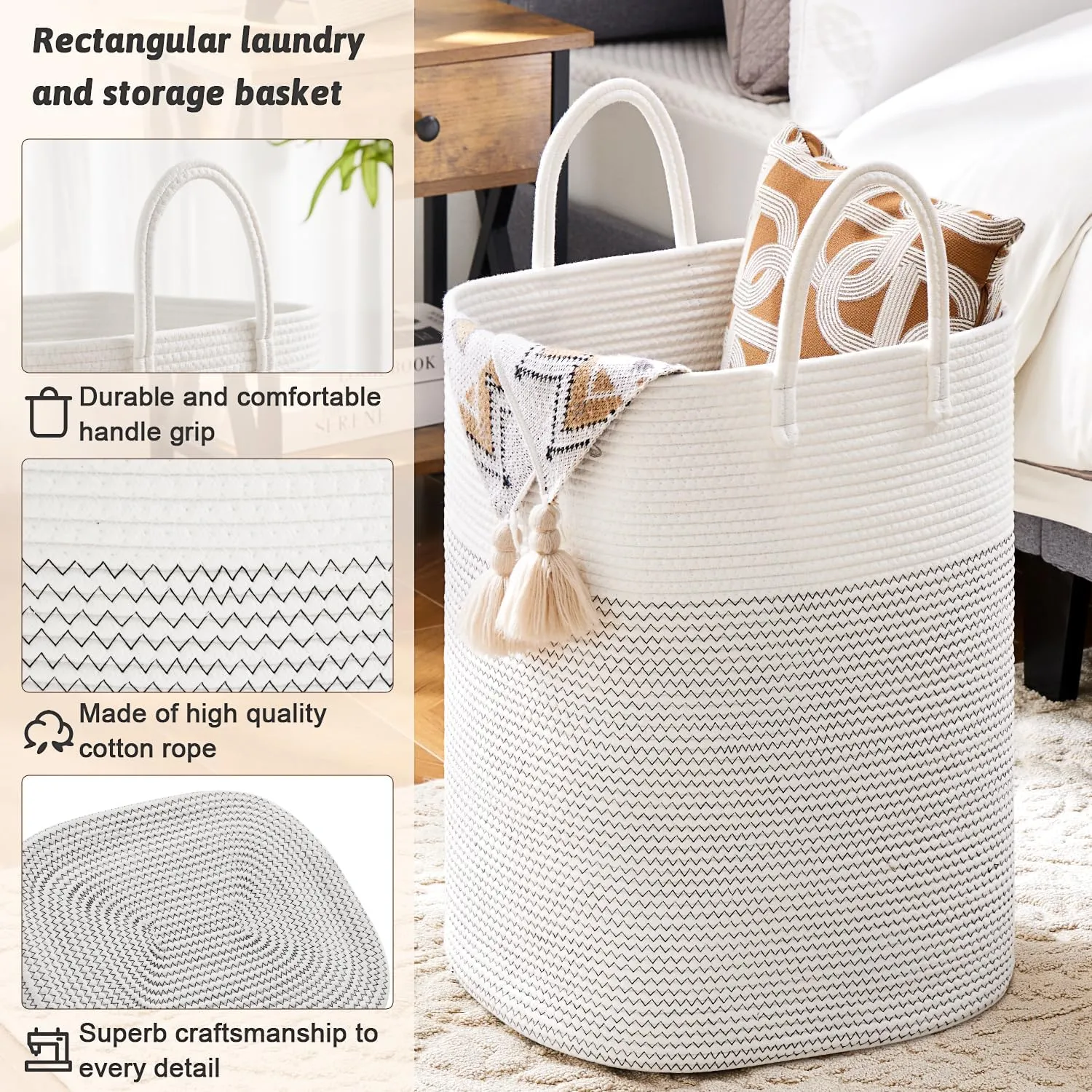 Laundry Basket,Woven Cotton Rope Laundry Hamper Sorters,60L Versatile Storage for Dirty Clothes,Baby Toys,and Blankets in Bathroom, Nursery,and Living Room