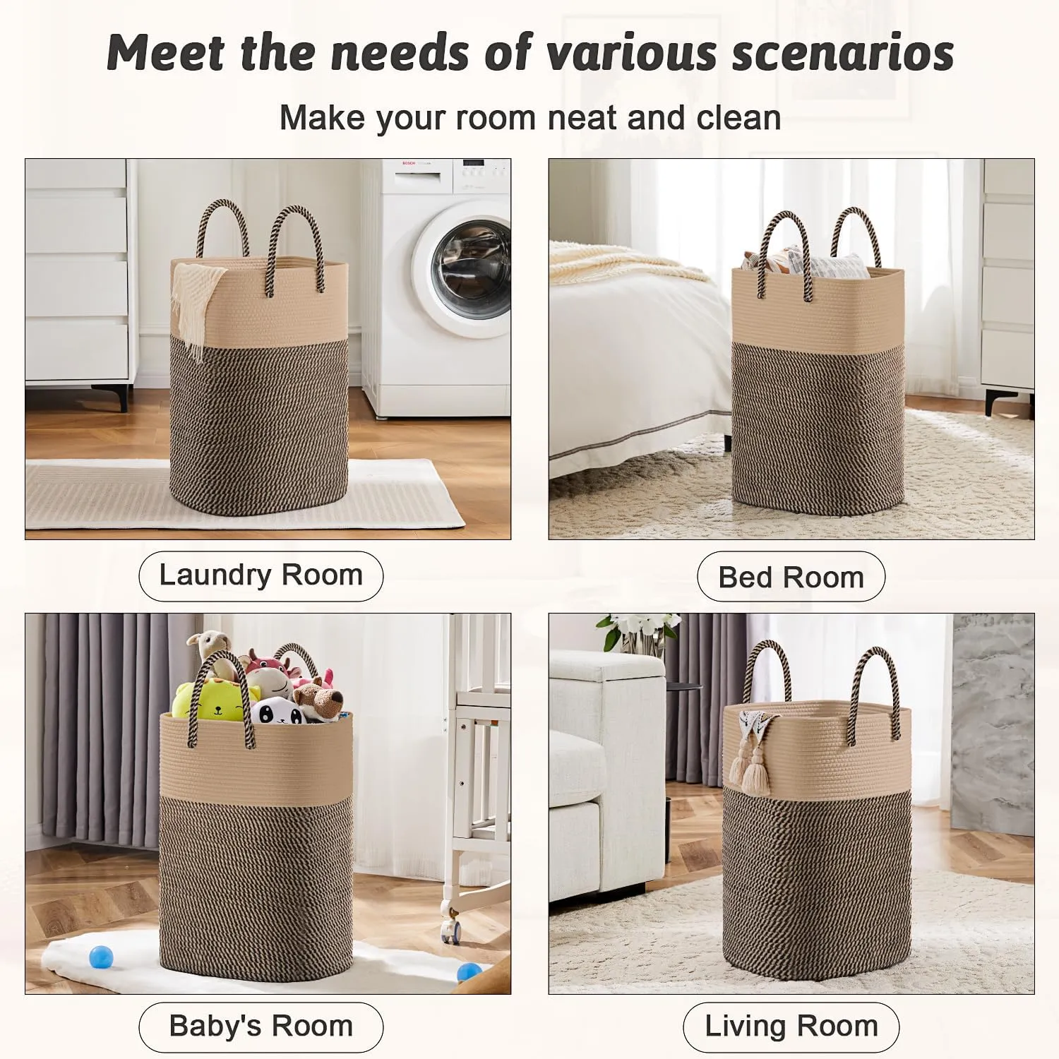 Laundry Basket,Woven Cotton Rope Laundry Hamper Sorters,60L Versatile Storage for Dirty Clothes,Baby Toys,and Blankets in Bathroom, Nursery,and Living Room