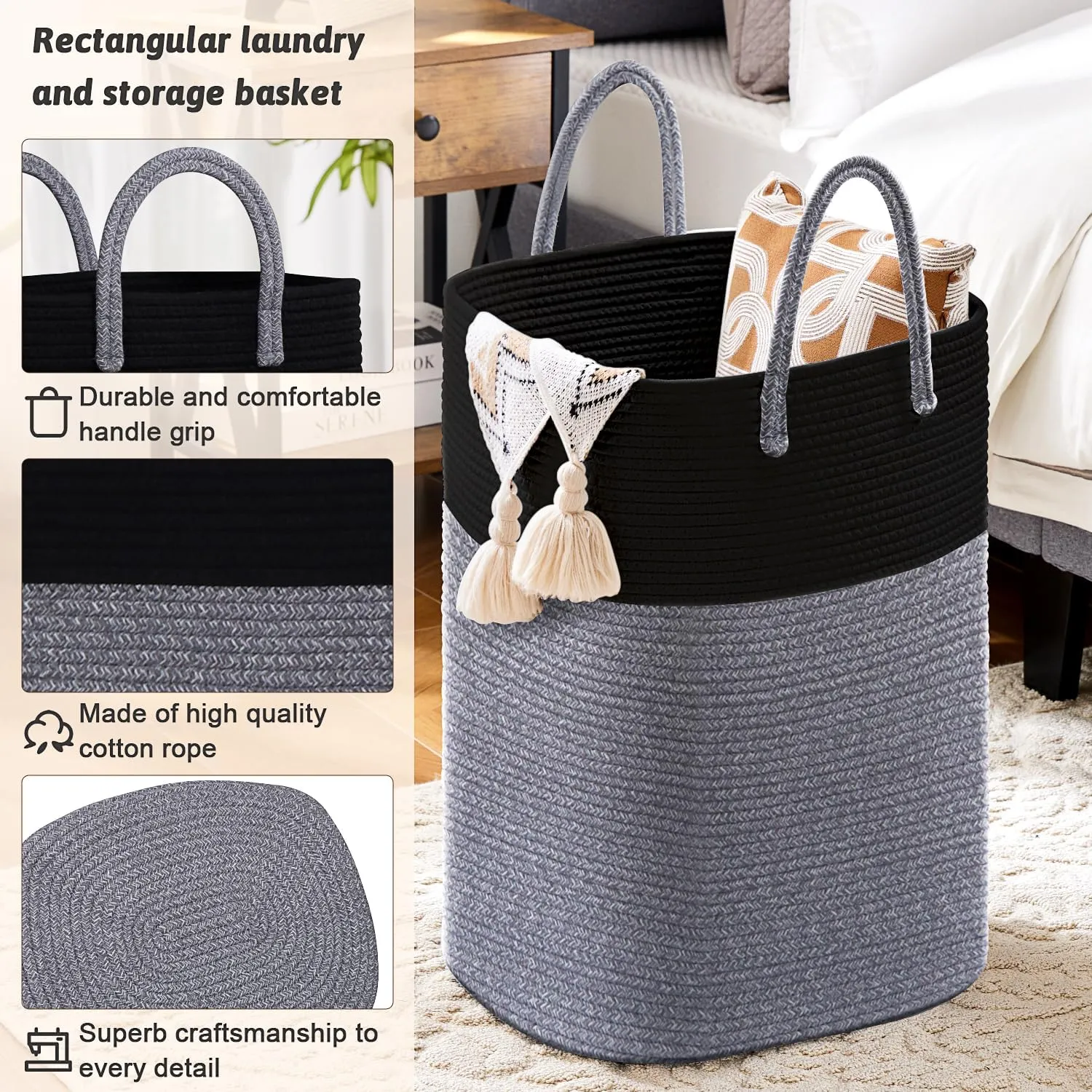 Laundry Basket,Woven Cotton Rope Laundry Hamper Sorters,60L Versatile Storage for Dirty Clothes,Baby Toys,and Blankets in Bathroom, Nursery,and Living Room