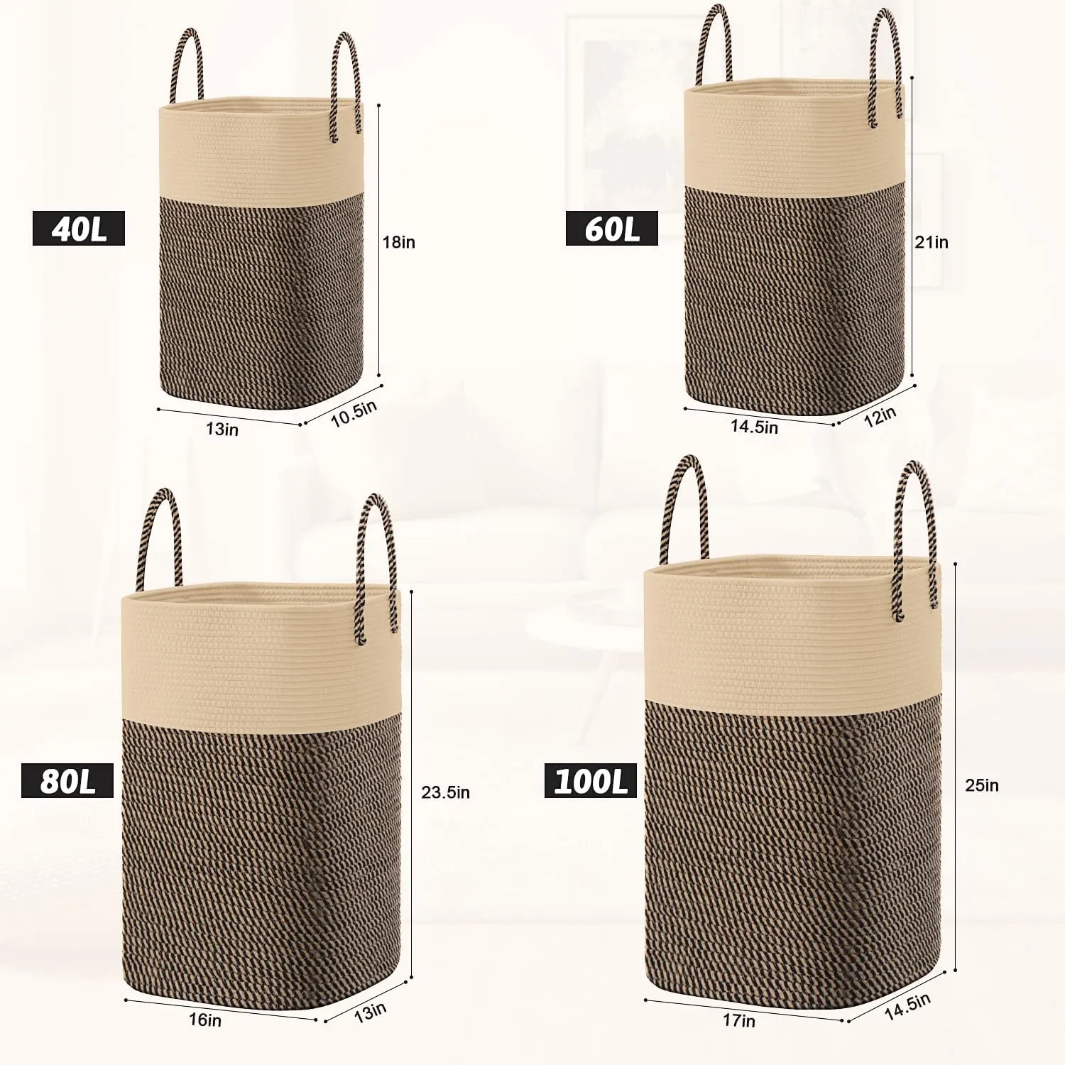 Laundry Basket,Woven Cotton Rope Laundry Hamper Sorters,60L Versatile Storage for Dirty Clothes,Baby Toys,and Blankets in Bathroom, Nursery,and Living Room