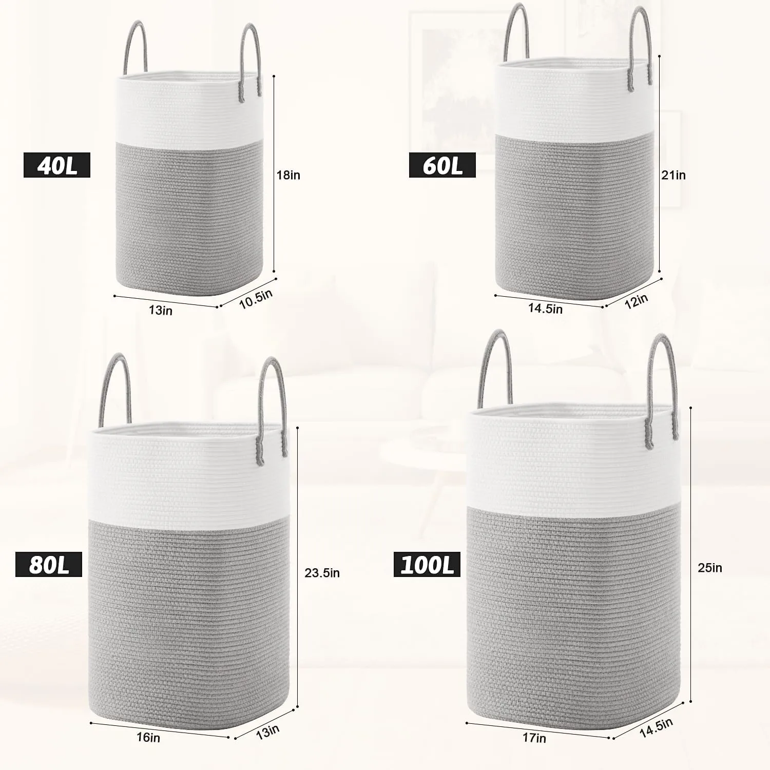 Laundry Basket,Woven Cotton Rope Laundry Hamper Sorters,60L Versatile Storage for Dirty Clothes,Baby Toys,and Blankets in Bathroom, Nursery,and Living Room
