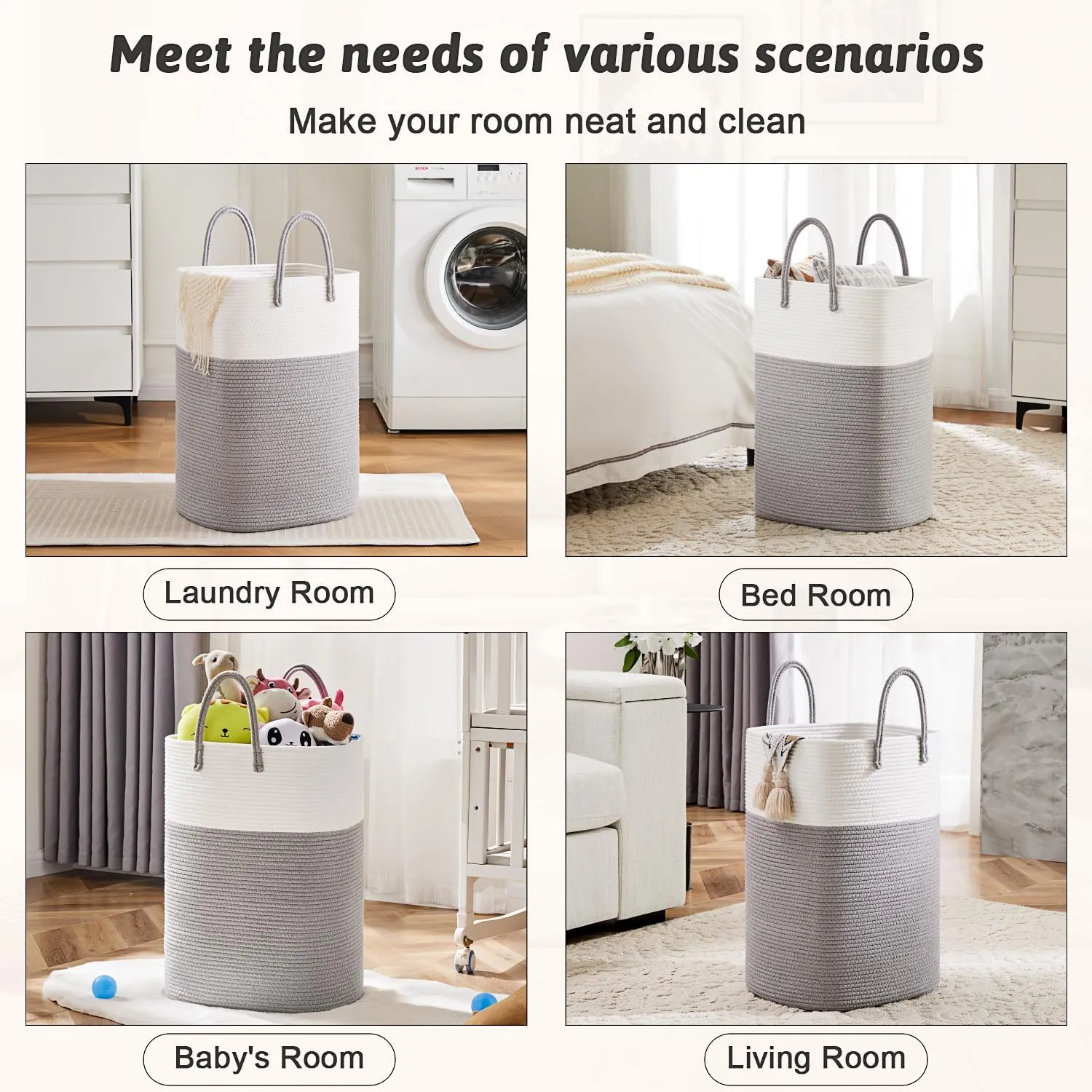 Laundry Basket,Woven Cotton Rope Laundry Hamper Sorters,60L Versatile Storage for Dirty Clothes,Baby Toys,and Blankets in Bathroom, Nursery,and Living Room
