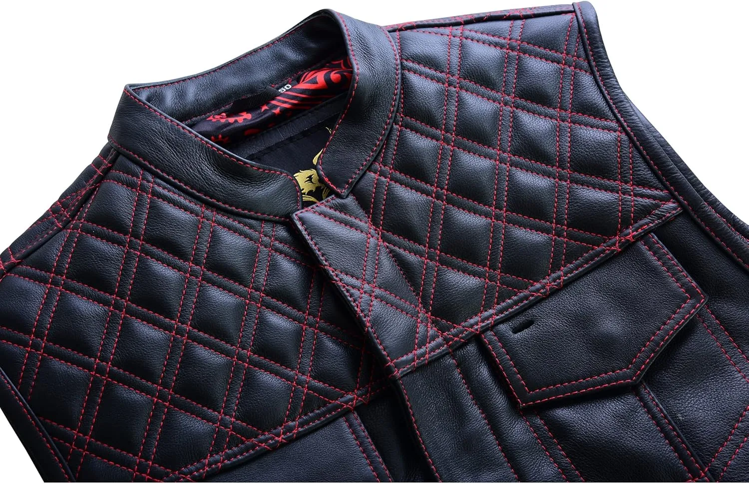 Leatherick Mens Black Motorcycle Vests - SOA Club & Traditional Paisley Satin Liner Leather Biker Vests