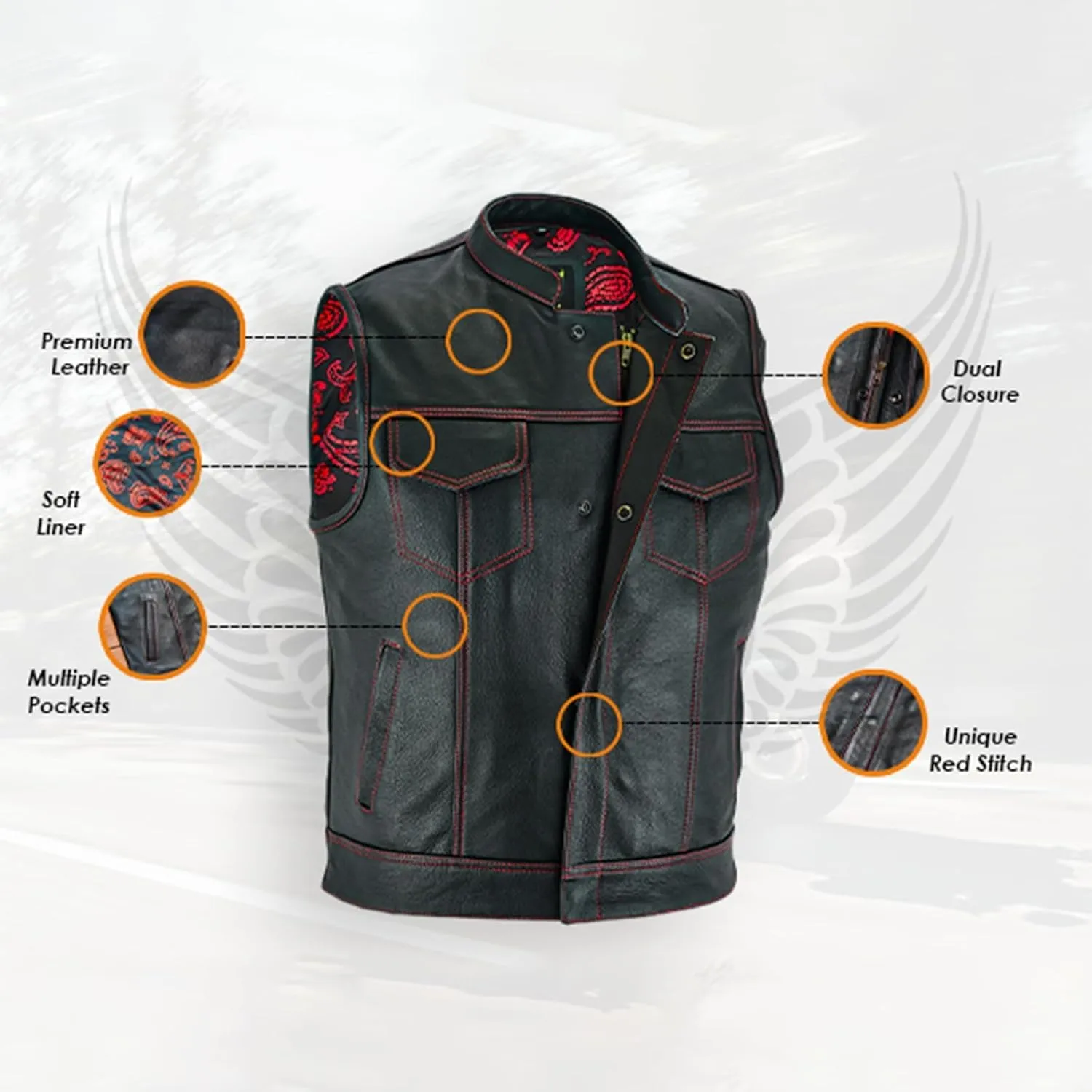 Leatherick Mens Black Motorcycle Vests - SOA Club & Traditional Paisley Satin Liner Leather Biker Vests