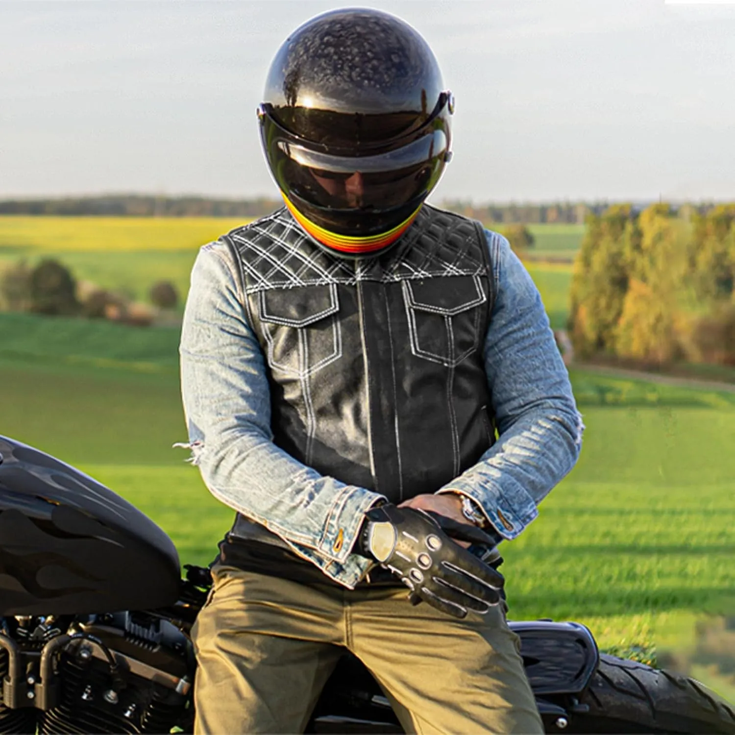 Leatherick Mens Black Motorcycle Vests - SOA Club & Traditional Paisley Satin Liner Leather Biker Vests