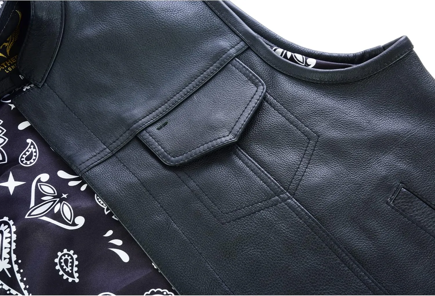 Leatherick Mens Black Motorcycle Vests - SOA Club & Traditional Paisley Satin Liner Leather Biker Vests