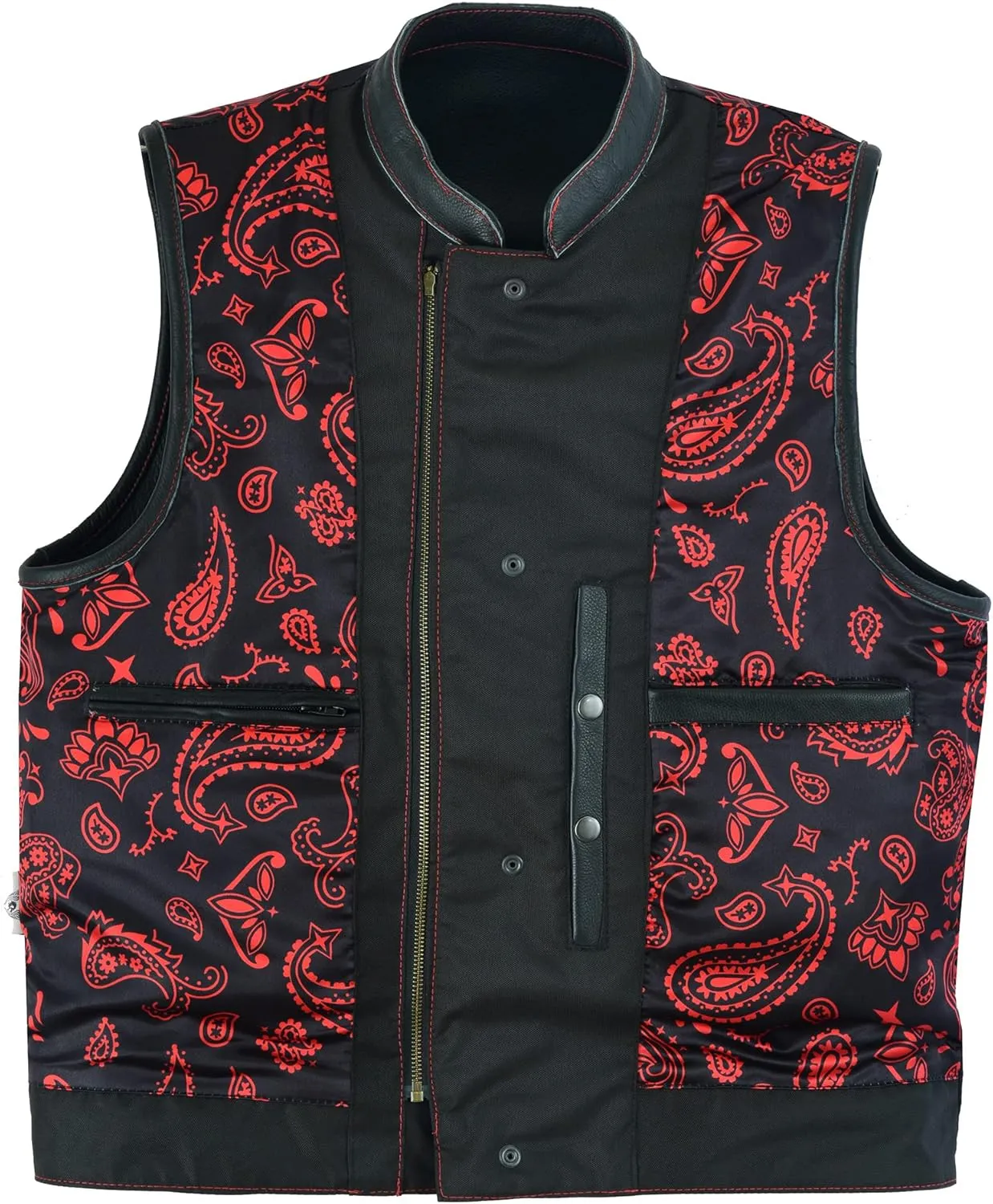 Leatherick Mens Black Motorcycle Vests - SOA Club & Traditional Paisley Satin Liner Leather Biker Vests