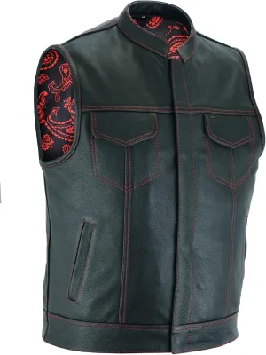 Leatherick Mens Black Motorcycle Vests - SOA Club & Traditional Paisley Satin Liner Leather Biker Vests
