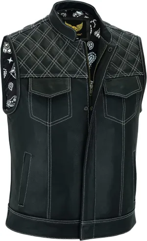 Leatherick Mens Black Motorcycle Vests - SOA Club & Traditional Paisley Satin Liner Leather Biker Vests
