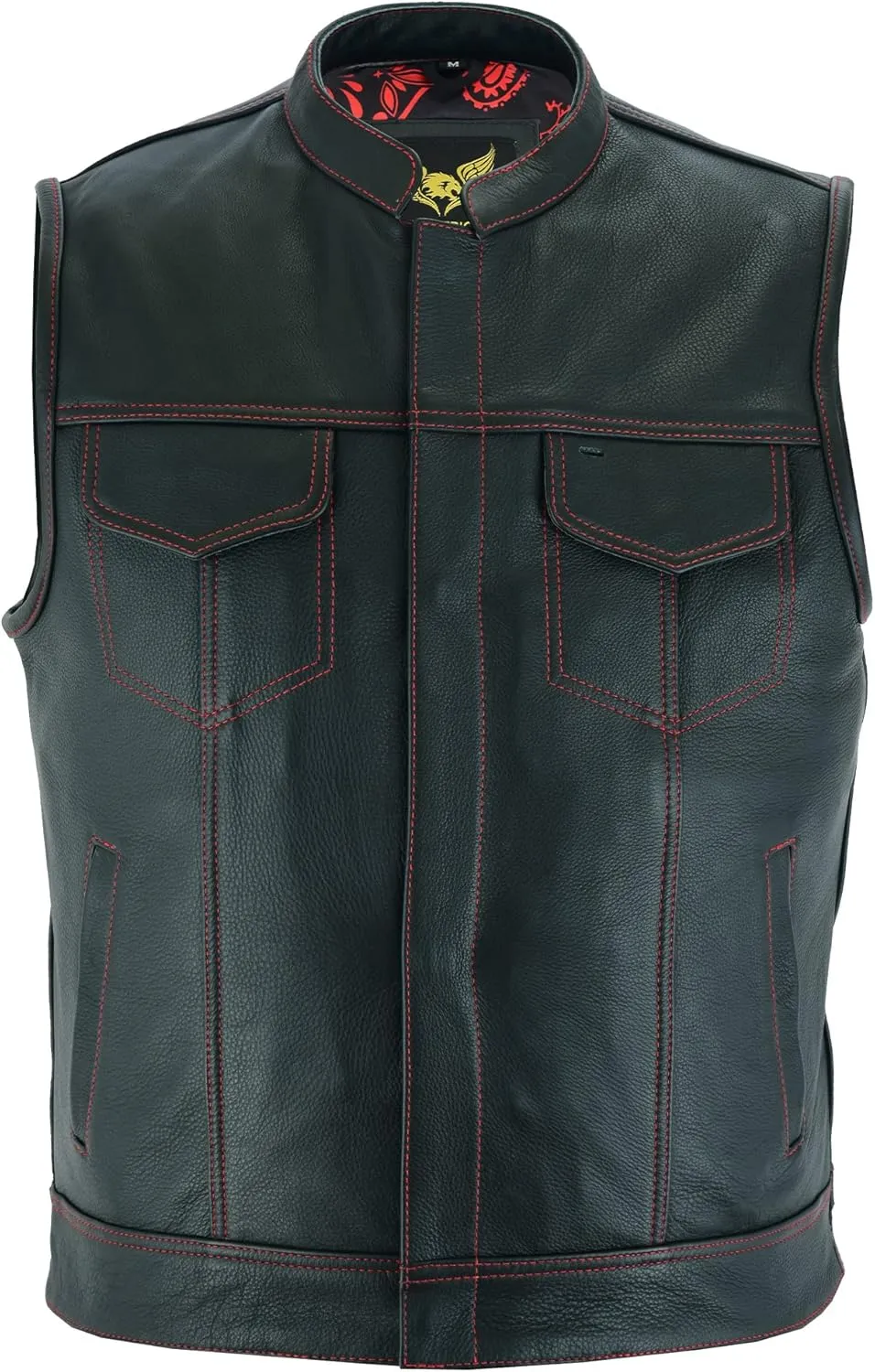Leatherick Mens Black Motorcycle Vests - SOA Club & Traditional Paisley Satin Liner Leather Biker Vests