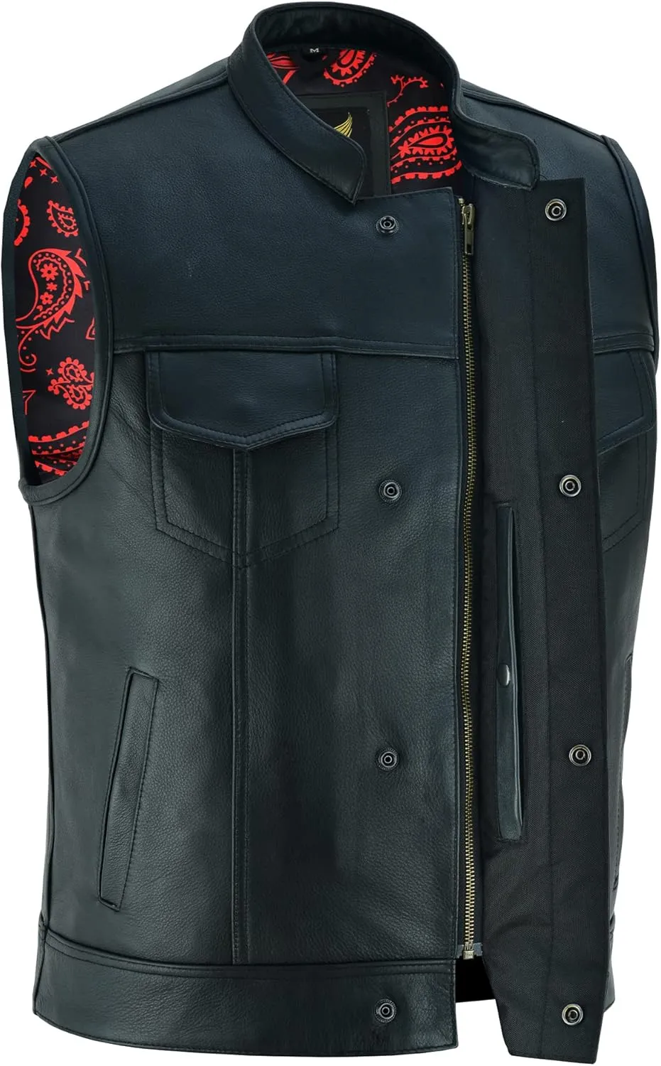 Leatherick Mens Black Motorcycle Vests - SOA Club & Traditional Paisley Satin Liner Leather Biker Vests