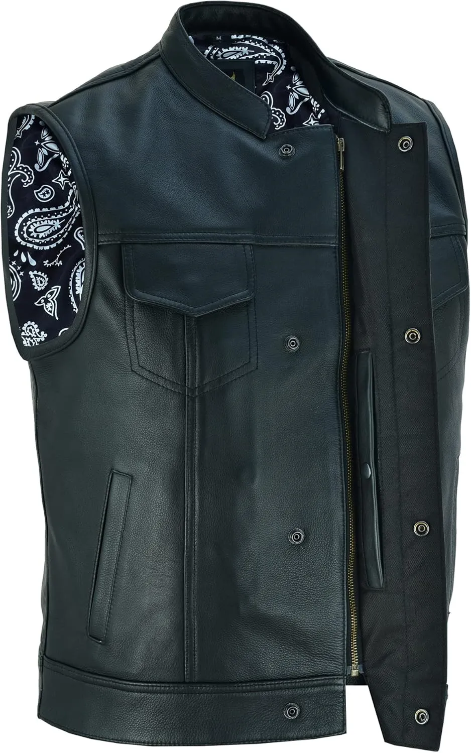 Leatherick Mens Black Motorcycle Vests - SOA Club & Traditional Paisley Satin Liner Leather Biker Vests