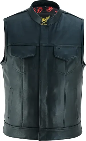 Leatherick Mens Black Motorcycle Vests - SOA Club & Traditional Paisley Satin Liner Leather Biker Vests