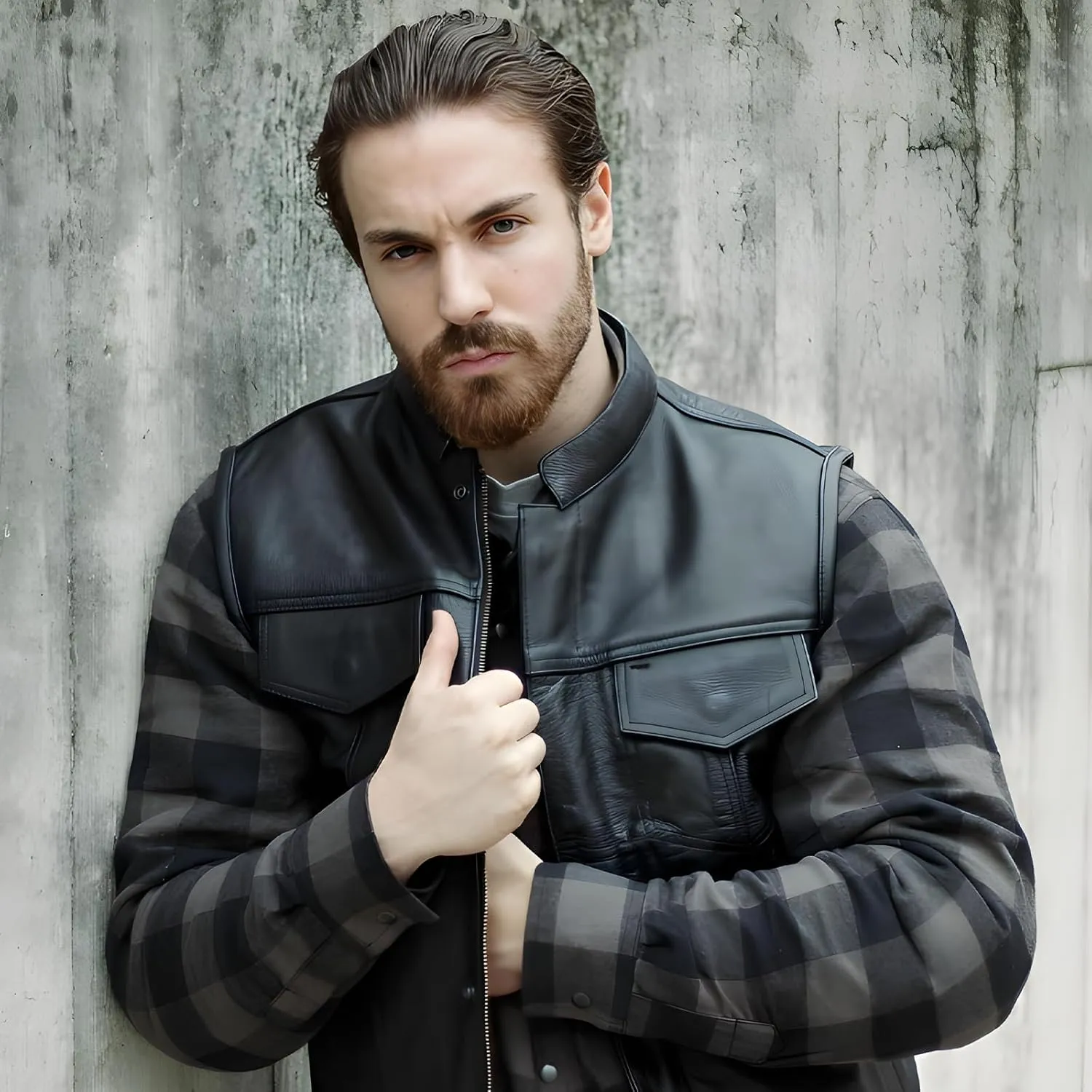 Leatherick Mens Black Motorcycle Vests - SOA Club & Traditional Paisley Satin Liner Leather Biker Vests