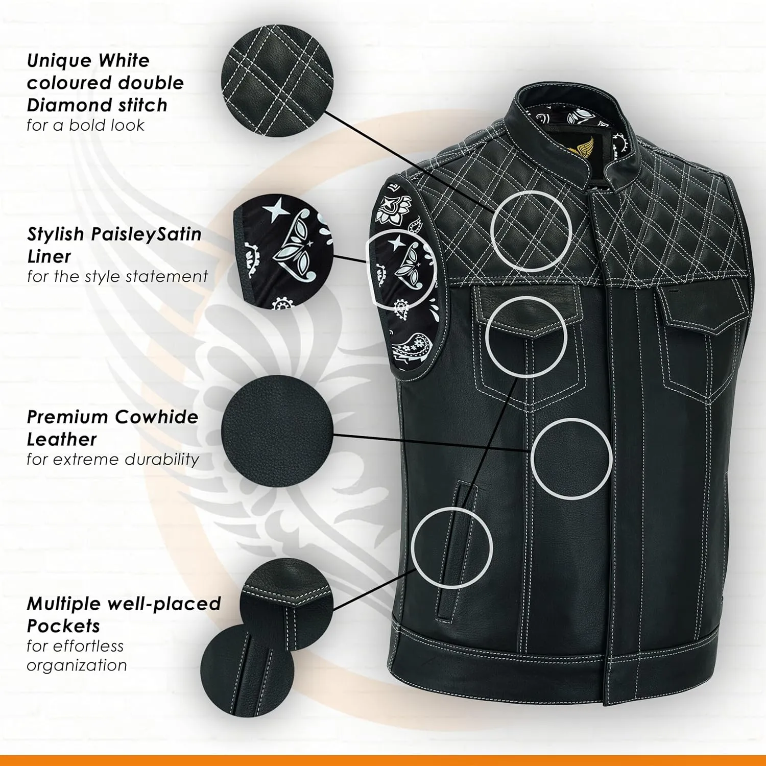 Leatherick Mens Black Motorcycle Vests - SOA Club & Traditional Paisley Satin Liner Leather Biker Vests