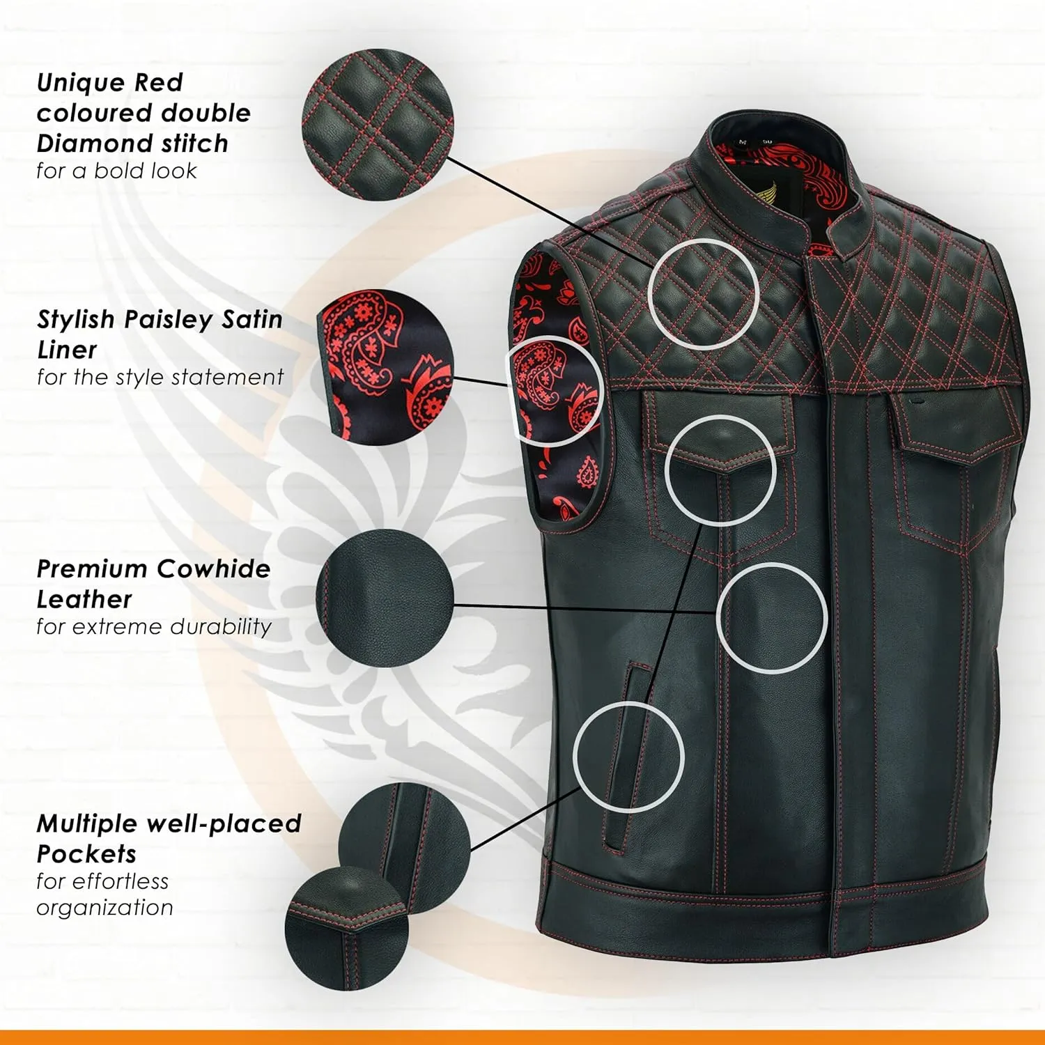 Leatherick Mens Black Motorcycle Vests - SOA Club & Traditional Paisley Satin Liner Leather Biker Vests