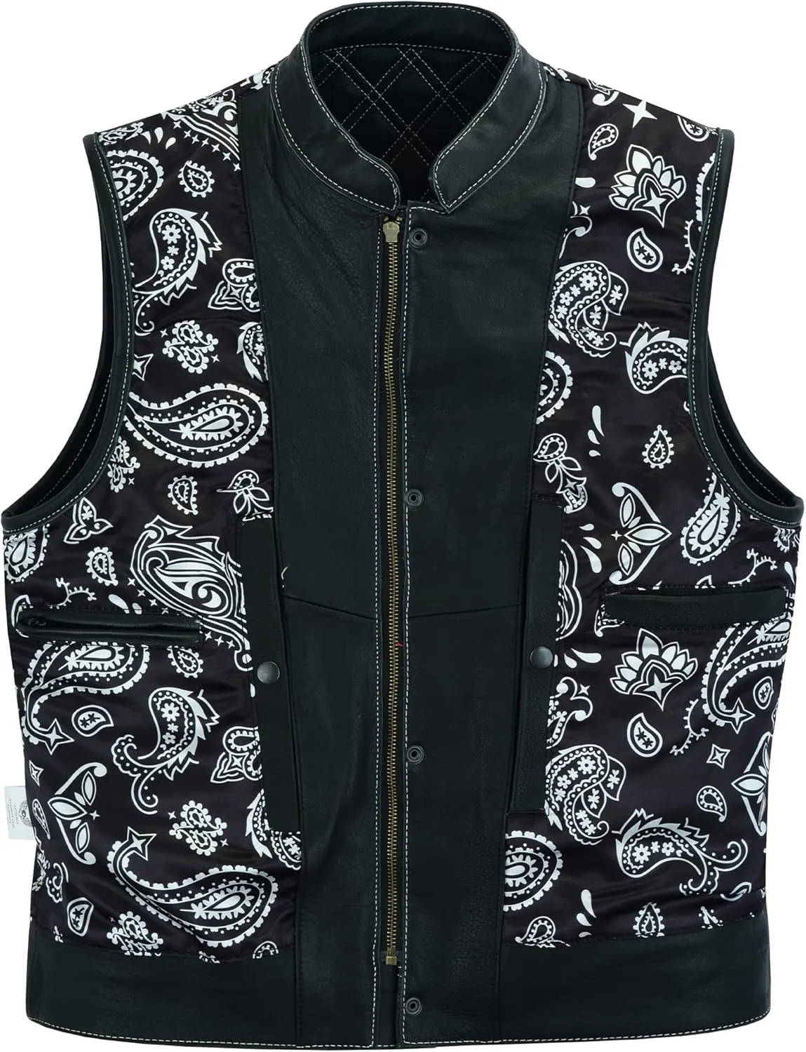 Leatherick Mens Black Motorcycle Vests - SOA Club & Traditional Paisley Satin Liner Leather Biker Vests