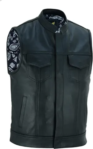 Leatherick Mens Black Motorcycle Vests - SOA Club & Traditional Paisley Satin Liner Leather Biker Vests