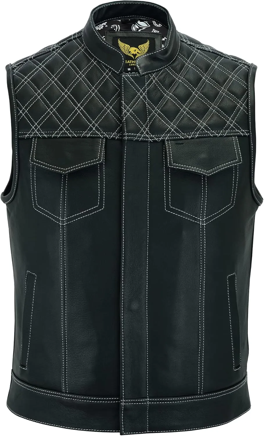 Leatherick Mens Black Motorcycle Vests - SOA Club & Traditional Paisley Satin Liner Leather Biker Vests
