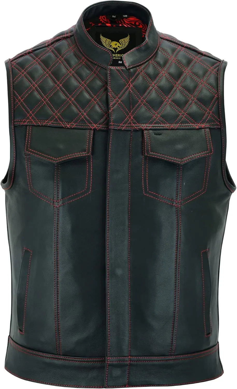 Leatherick Mens Black Motorcycle Vests - SOA Club & Traditional Paisley Satin Liner Leather Biker Vests