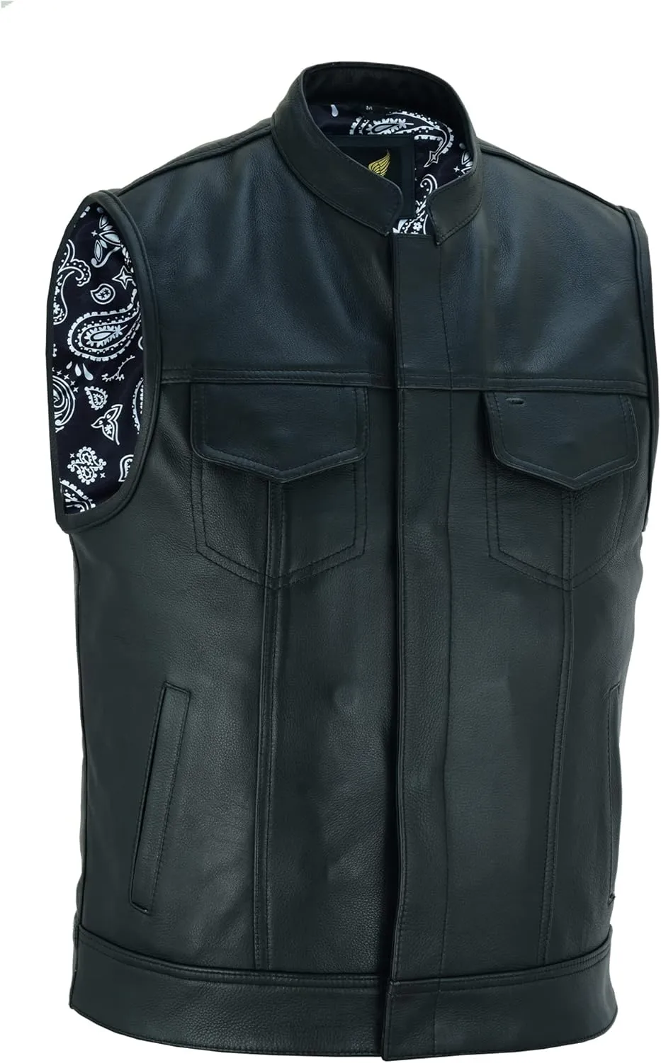 Leatherick Mens Black Motorcycle Vests - SOA Club & Traditional Paisley Satin Liner Leather Biker Vests