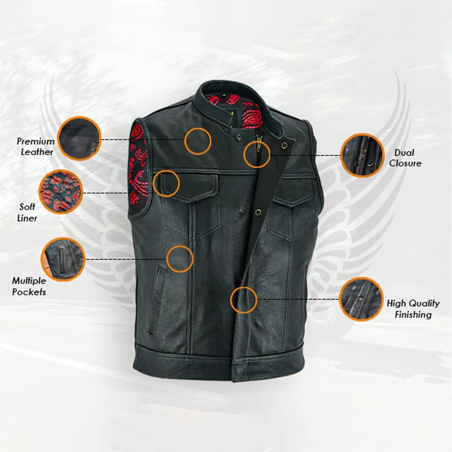 Leatherick Mens Black Motorcycle Vests - SOA Club & Traditional Paisley Satin Liner Leather Biker Vests