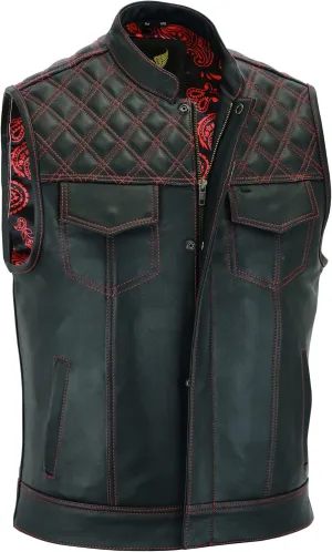Leatherick Mens Black Motorcycle Vests - SOA Club & Traditional Paisley Satin Liner Leather Biker Vests