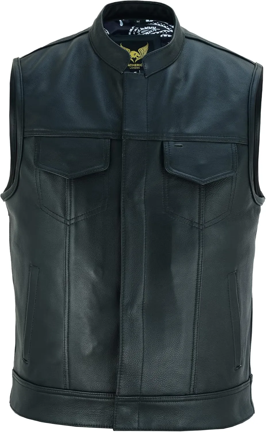 Leatherick Mens Black Motorcycle Vests - SOA Club & Traditional Paisley Satin Liner Leather Biker Vests