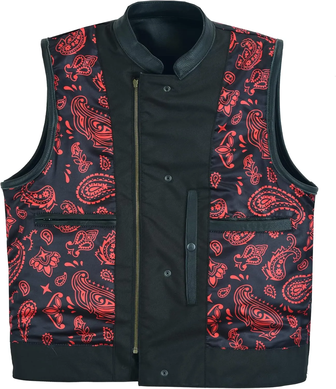 Leatherick Mens Black Motorcycle Vests - SOA Club & Traditional Paisley Satin Liner Leather Biker Vests