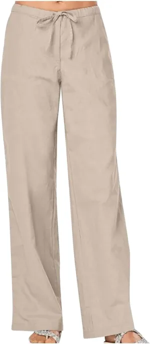 Linen Pants Women Lightweight Wide Leg Pants Loose Fit Drawstring High Waist Straight Trousers with Pockets Summer