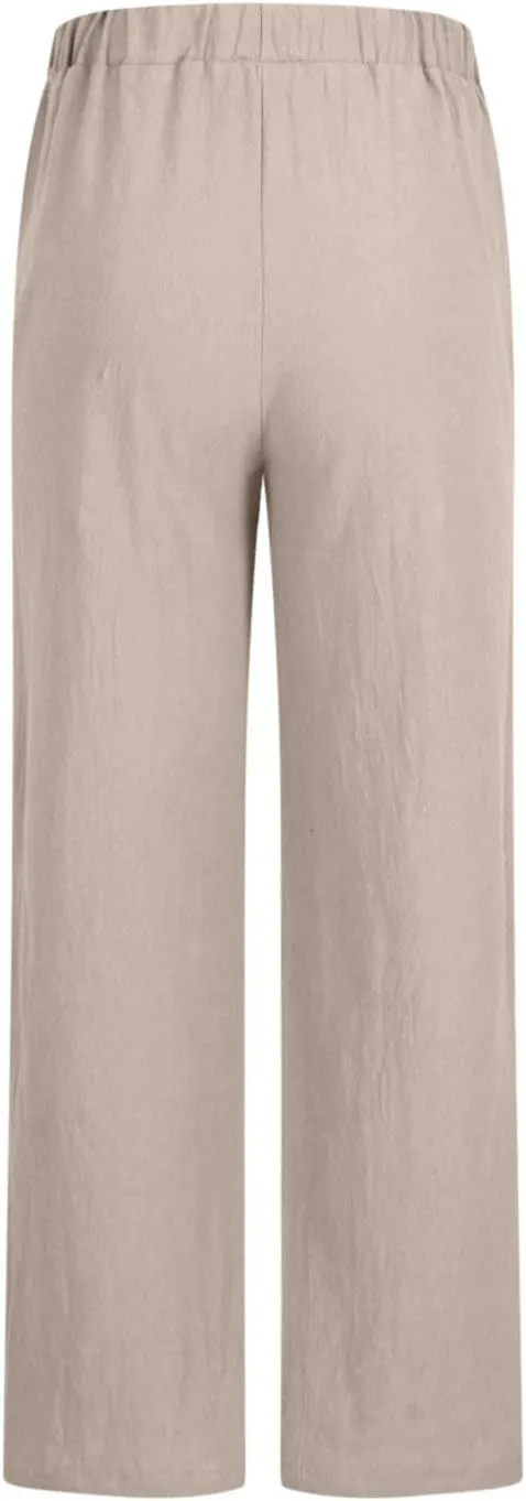 Linen Pants Women Lightweight Wide Leg Pants Loose Fit Drawstring High Waist Straight Trousers with Pockets Summer