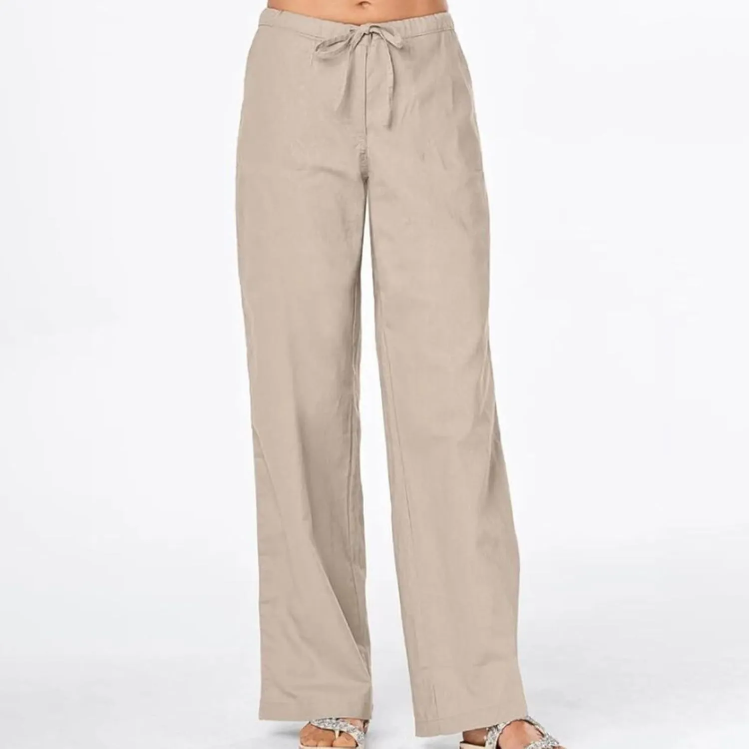 Linen Pants Women Lightweight Wide Leg Pants Loose Fit Drawstring High Waist Straight Trousers with Pockets Summer