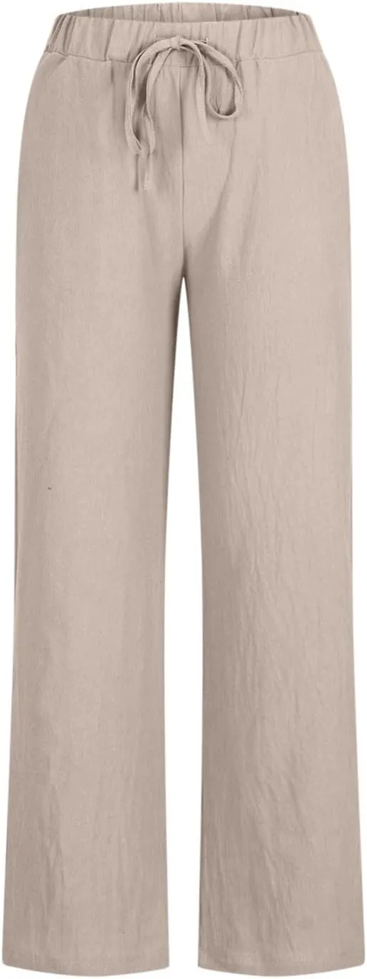 Linen Pants Women Lightweight Wide Leg Pants Loose Fit Drawstring High Waist Straight Trousers with Pockets Summer