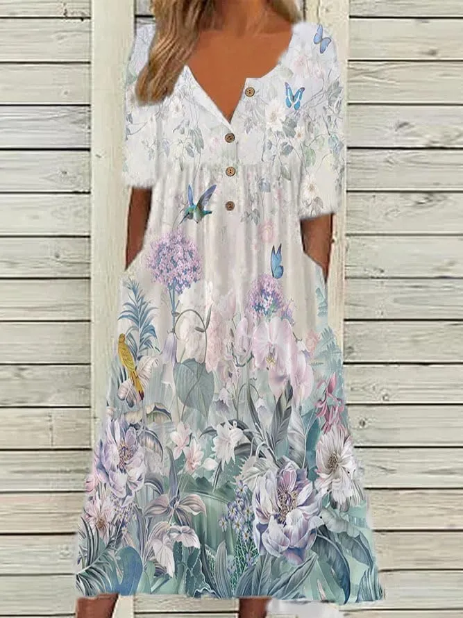 LOAIHA Women's Short Sleeve Boho Floral Print Maxi Dress Summer V Neck Casual Loose Dress with Pockets