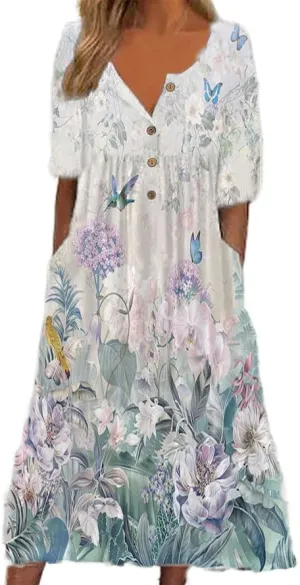 LOAIHA Women's Short Sleeve Boho Floral Print Maxi Dress Summer V Neck Casual Loose Dress with Pockets