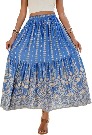 Long Skirts for Women Floral Boho Beach Flowy Tiered Maxi Skirt Drawstring High Waisted Skirts A Line Midi Skirt