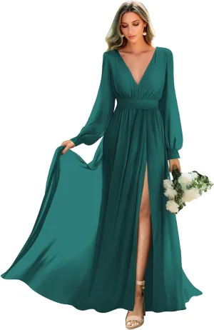 Long Sleeve Bridesmaid Dresses with Slit Pleated Wedding Party Gowns V Neck Chiffon Long Formal Dress
