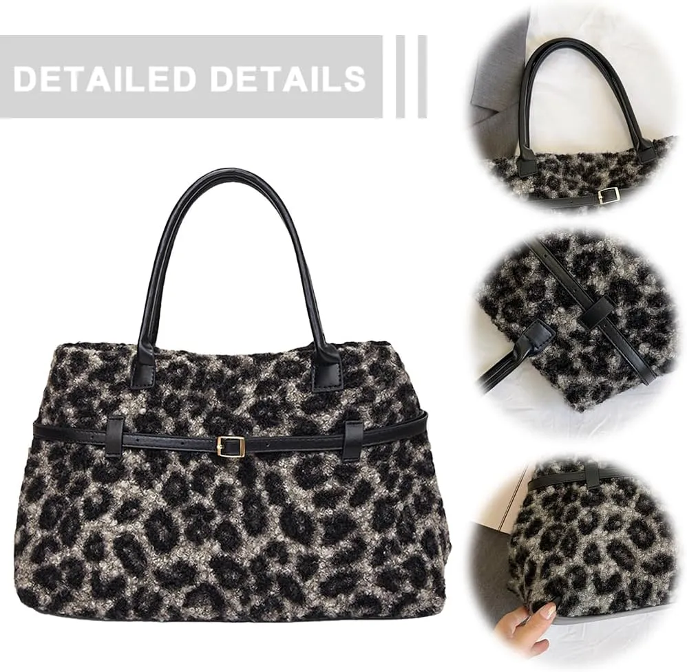 Lushandy Leopard Tote Bag for Women, Furry Leopard Purse Cheetah Print Fur Bag Y2K Fuzzy Purse Large Fluffy Hobo Handbag
