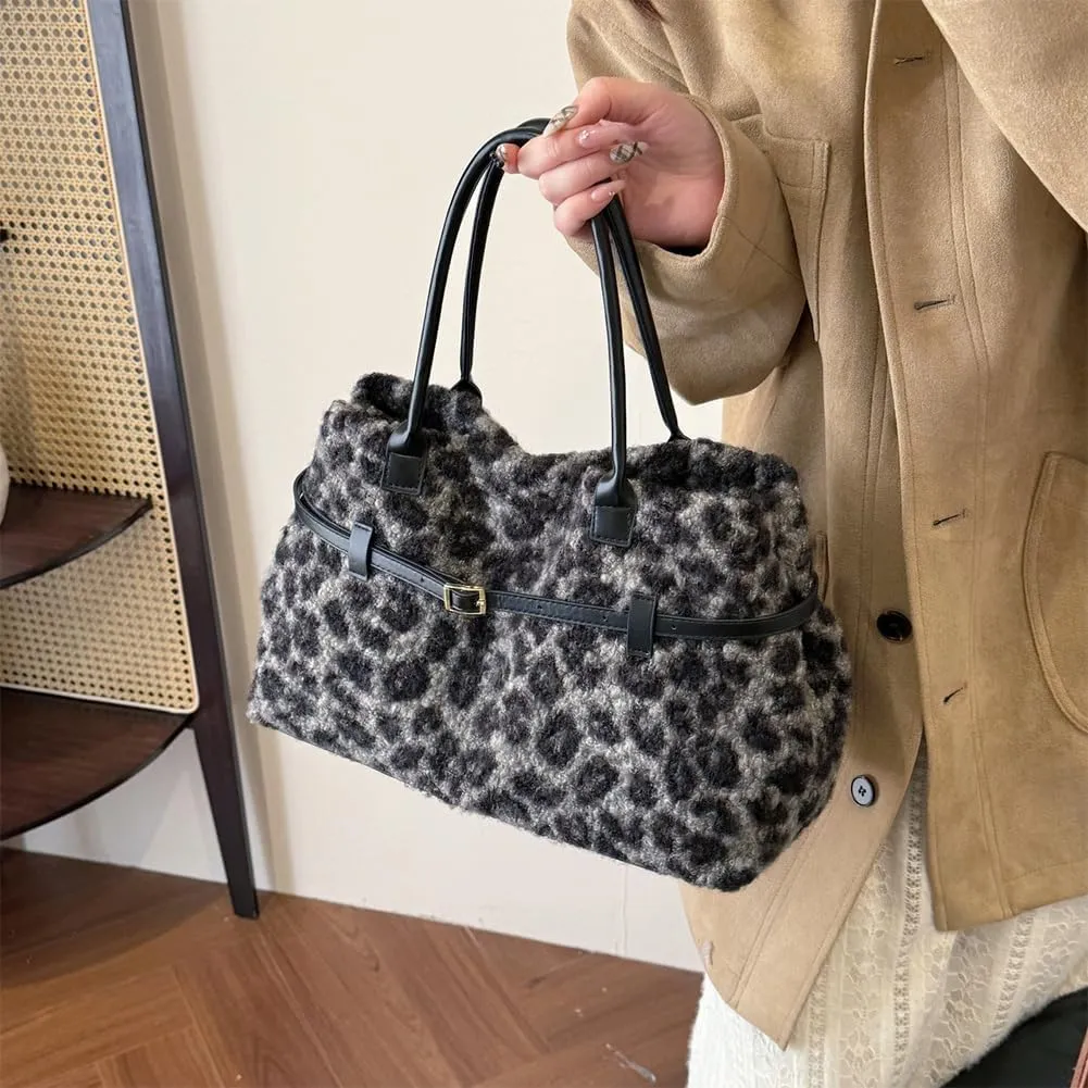 Lushandy Leopard Tote Bag for Women, Furry Leopard Purse Cheetah Print Fur Bag Y2K Fuzzy Purse Large Fluffy Hobo Handbag