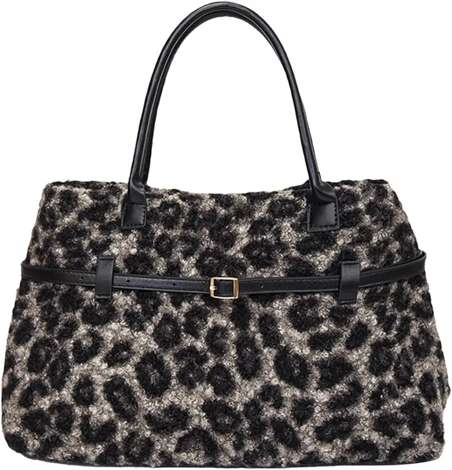 Lushandy Leopard Tote Bag for Women, Furry Leopard Purse Cheetah Print Fur Bag Y2K Fuzzy Purse Large Fluffy Hobo Handbag
