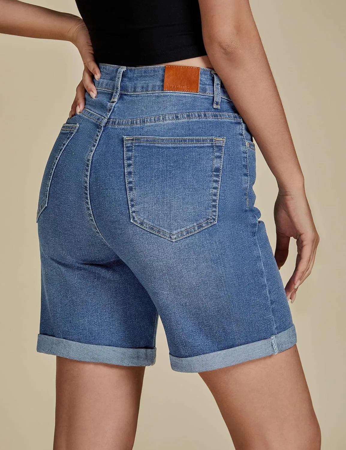 luvamia Jean Shorts for Women High Waisted Trendy Causal Summer Fold Hem Stretchy Long Denim Shorts 7 Inch Inseam