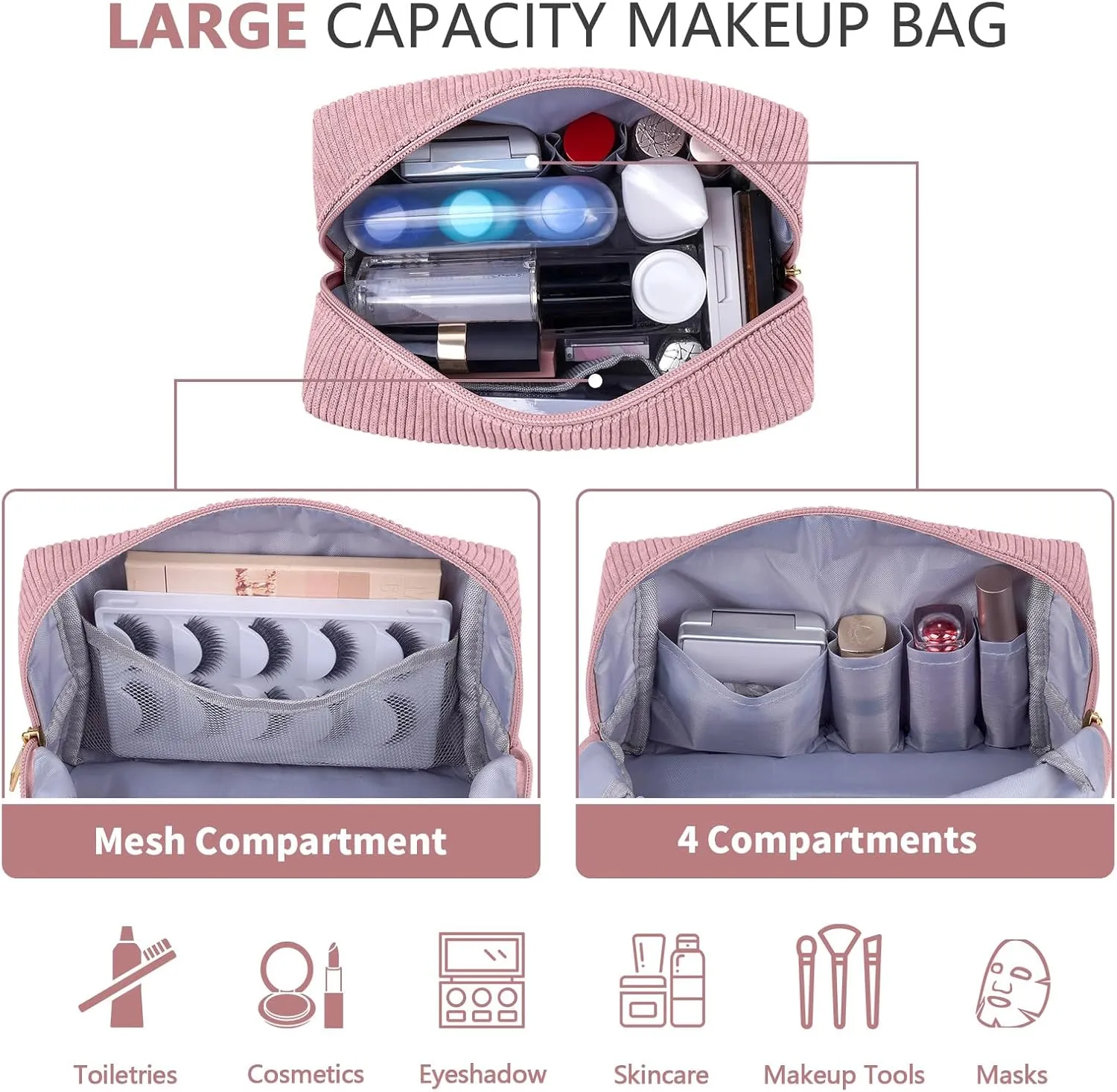 MAGEFY Makeup Bag Corduroy 2 Pcs Cosmetic Bags for Women Preppy Small Makeup Bag with Chenille Letter Patch Makeup Pouch Pink FACE & Begie HAIR