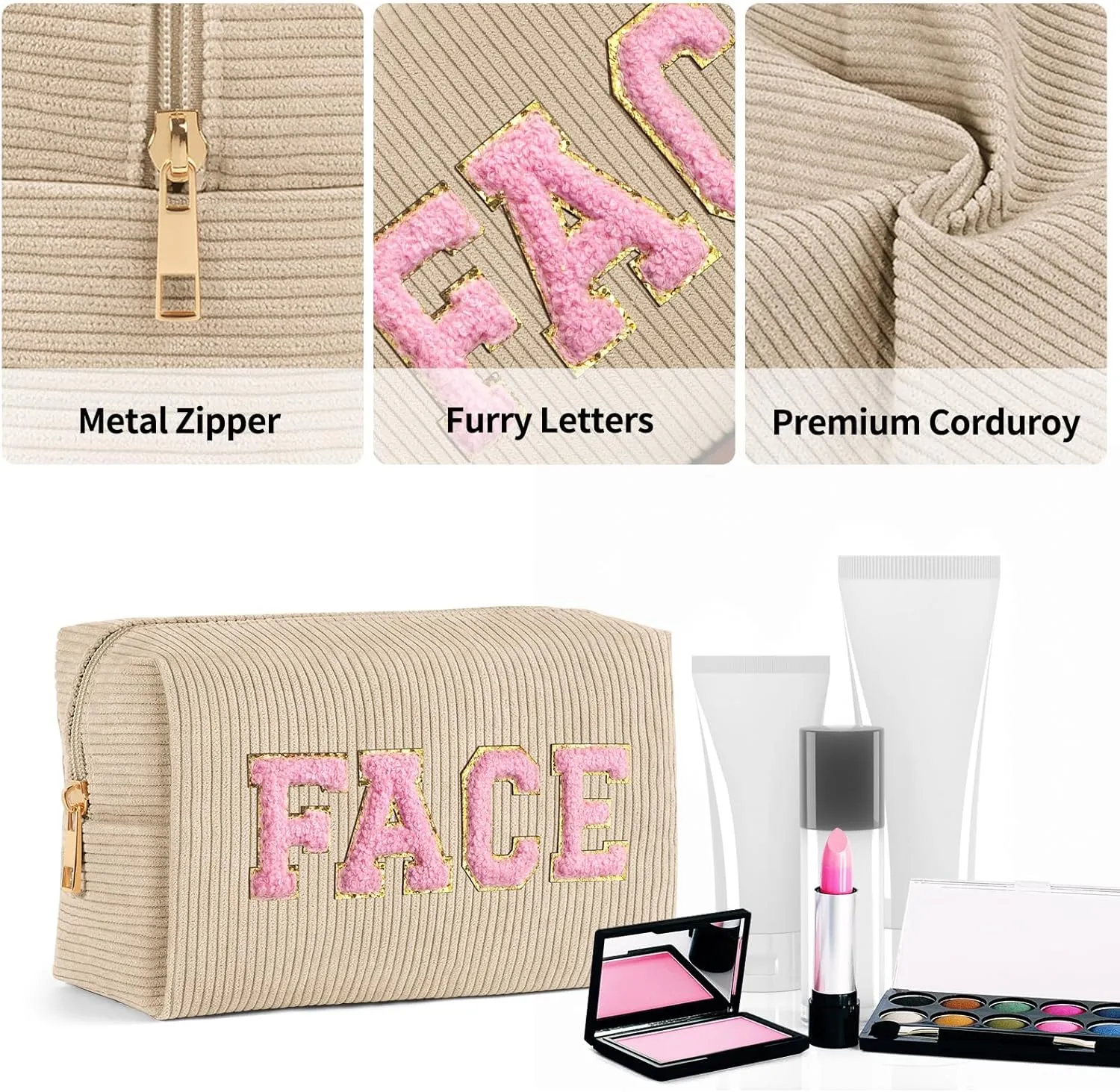 MAGEFY Makeup Bag Corduroy 2 Pcs Cosmetic Bags for Women Preppy Small Makeup Bag with Chenille Letter Patch Makeup Pouch Pink FACE & Begie HAIR