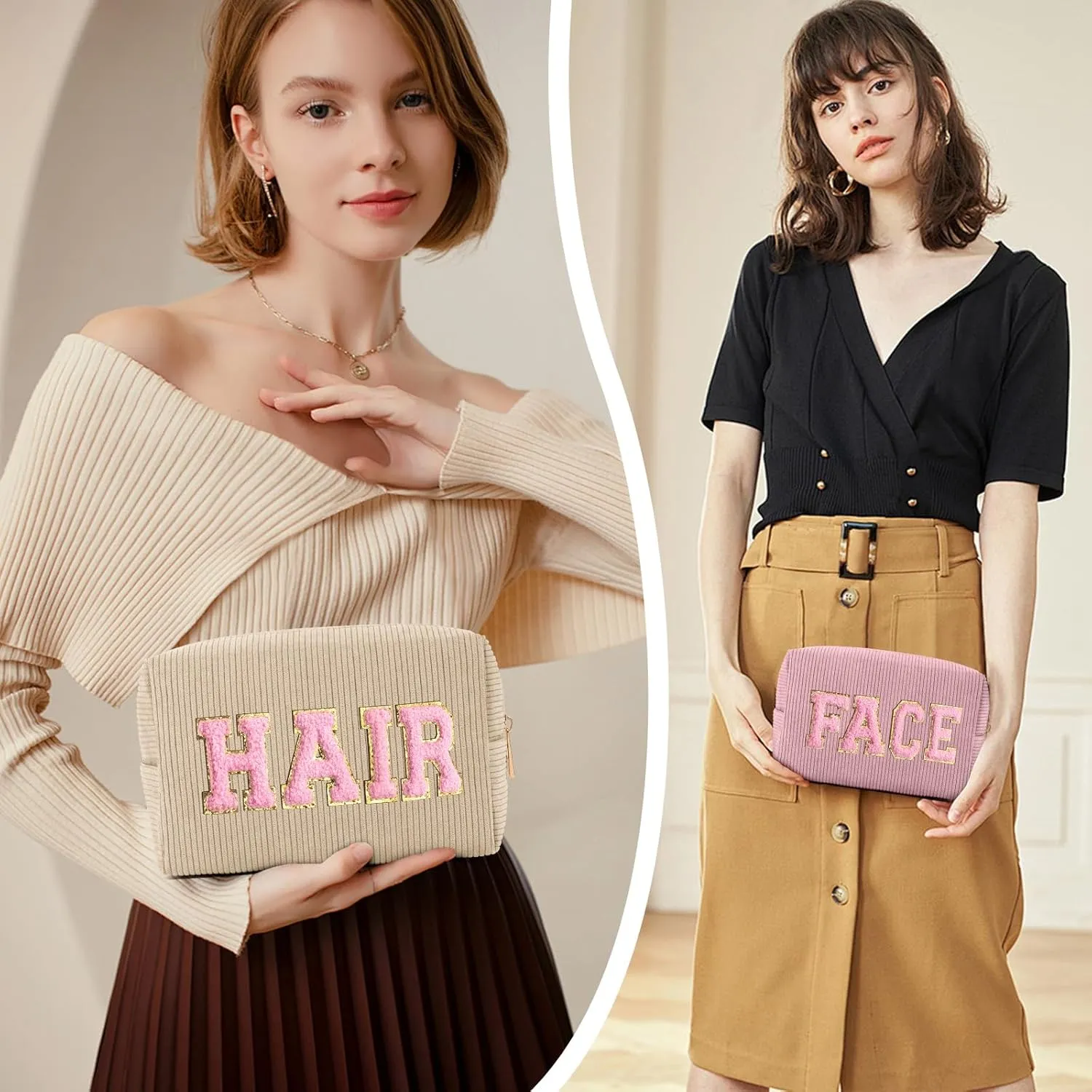 MAGEFY Makeup Bag Corduroy 2 Pcs Cosmetic Bags for Women Preppy Small Makeup Bag with Chenille Letter Patch Makeup Pouch Pink FACE & Begie HAIR