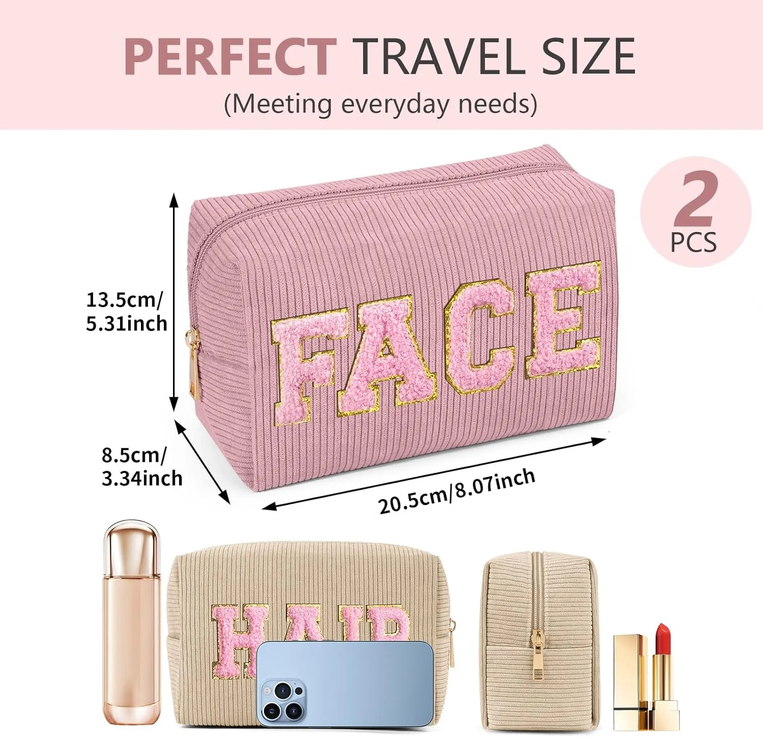 MAGEFY Makeup Bag Corduroy 2 Pcs Cosmetic Bags for Women Preppy Small Makeup Bag with Chenille Letter Patch Makeup Pouch Pink FACE & Begie HAIR