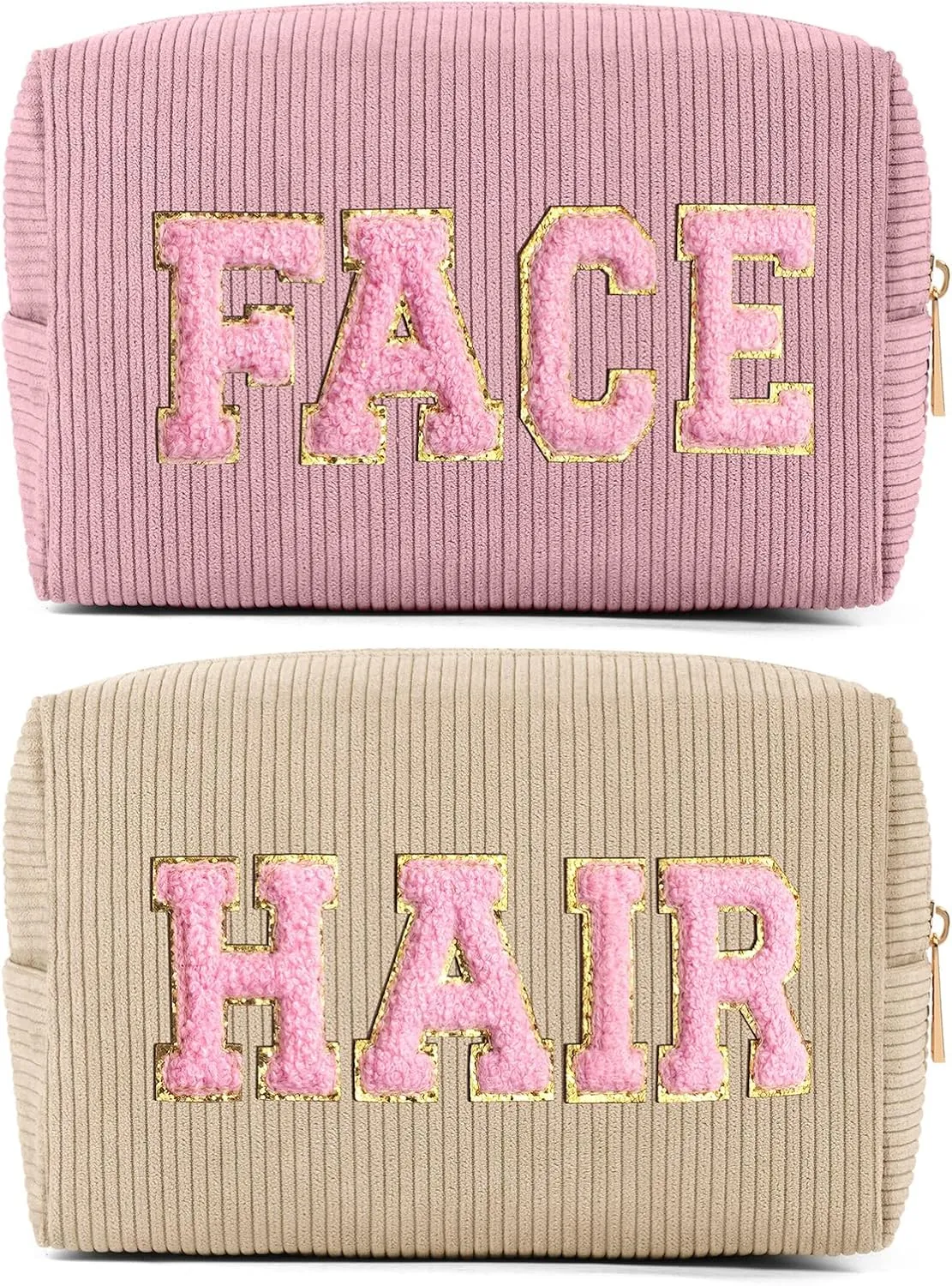 MAGEFY Makeup Bag Corduroy 2 Pcs Cosmetic Bags for Women Preppy Small Makeup Bag with Chenille Letter Patch Makeup Pouch Pink FACE & Begie HAIR