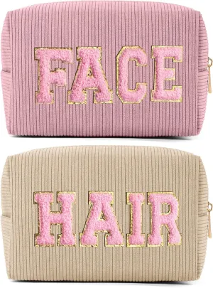 MAGEFY Makeup Bag Corduroy 2 Pcs Cosmetic Bags for Women Preppy Small Makeup Bag with Chenille Letter Patch Makeup Pouch Pink FACE & Begie HAIR