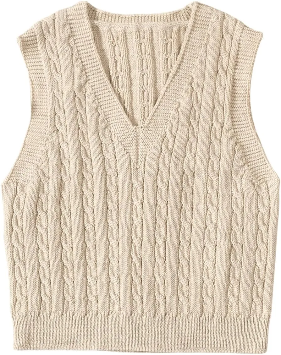 MakeMeChic Girl's Cable Knit Vest V Neck Sleeveless Crop Cute Sweater Vests
