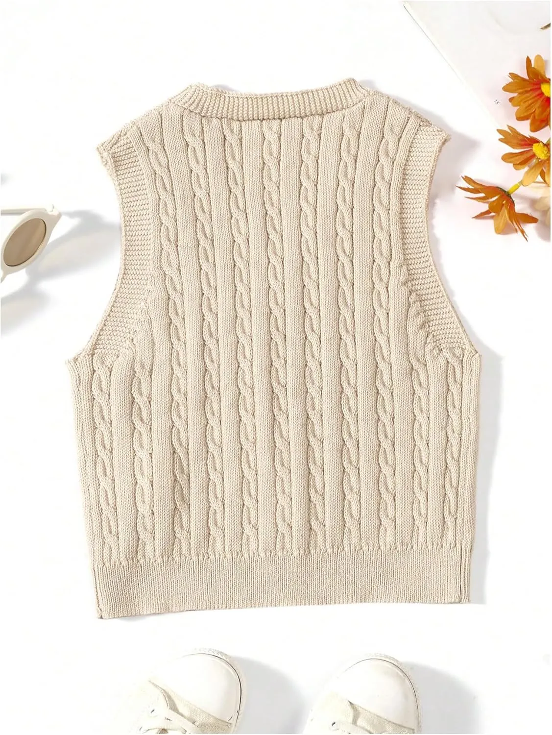 MakeMeChic Girl's Cable Knit Vest V Neck Sleeveless Crop Cute Sweater Vests